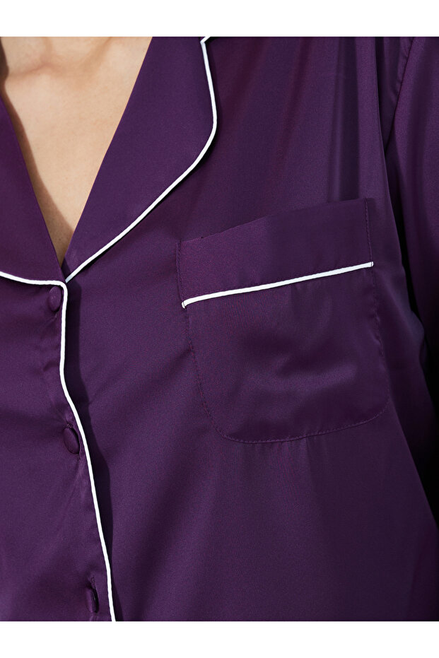 Solid Piped Button Through Shirt & Pyjama Set - 4