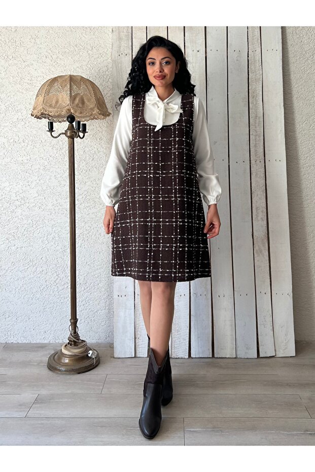 Short Brown Tweed Square Neck Gilet Dress