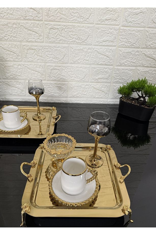 2 ADET Kahve & Çay & Sunum Tepsisi Gold Tepsi Gül Ayaklı ve Kulplu - 4