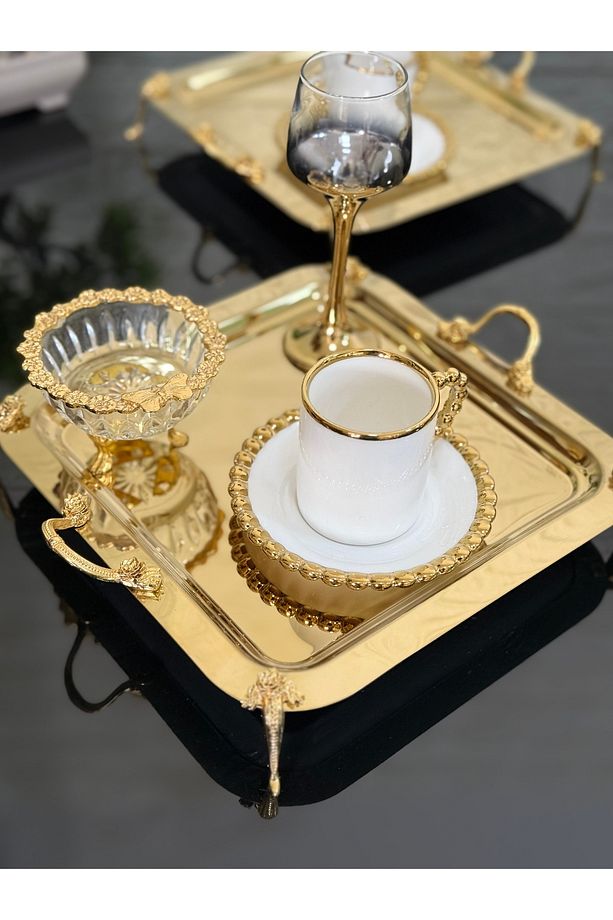 2 ADET Kahve & Çay & Sunum Tepsisi Gold Tepsi Gül Ayaklı ve Kulplu - 8