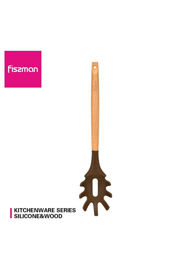Silicone Spaghetti Server with Hanging Hole 32.5cm, Wooden Handle Pasta Server