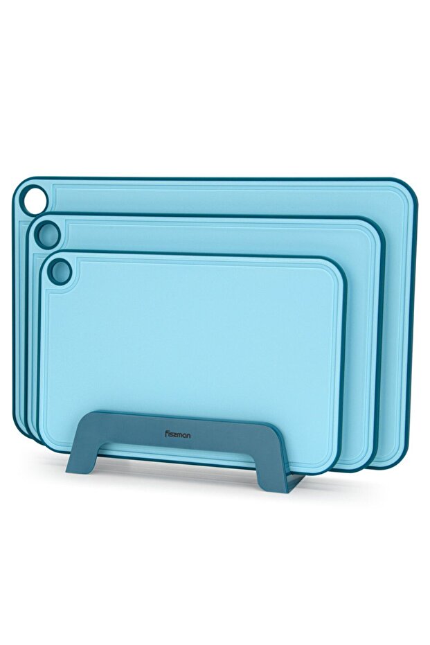 3-Piece Chopping Boards 41x28 cm. 36x24 cm. 31x20 cm With Holder Blue Plastic+ TPR