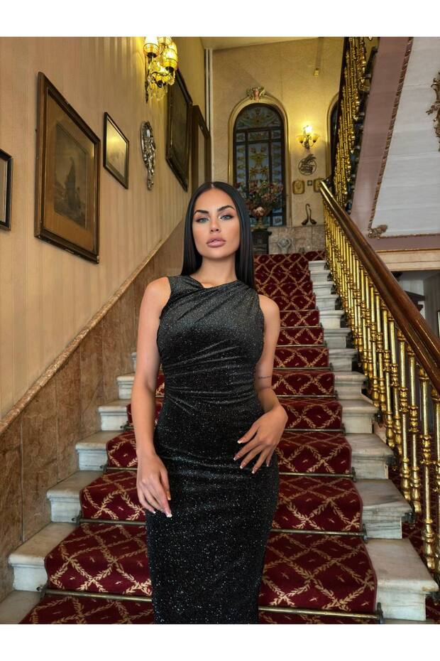 Black Glittery Shoulder and Waist Drawstring Slimfit Long New Year's Dress 4481