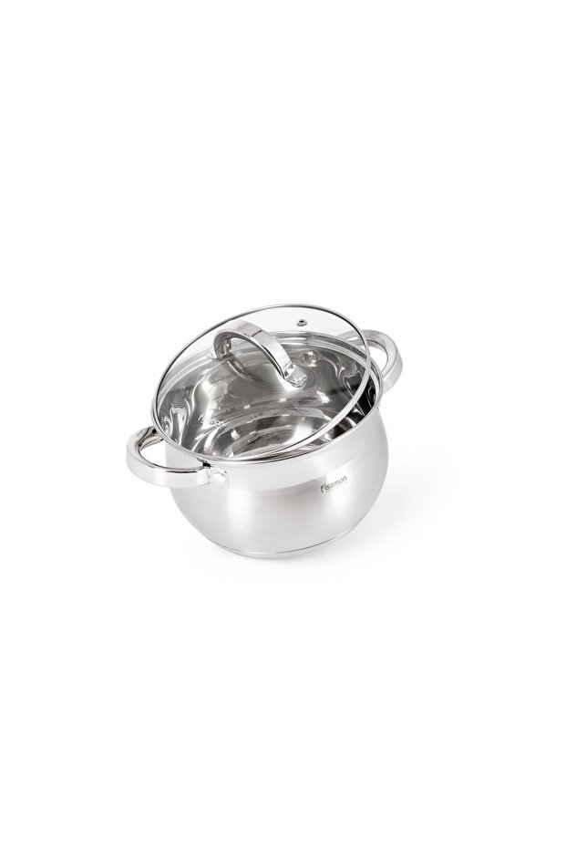 Stainless Steel Stockpot with Glass Lid 16x10.5cm / 2.1 Liter with Measuring Mark