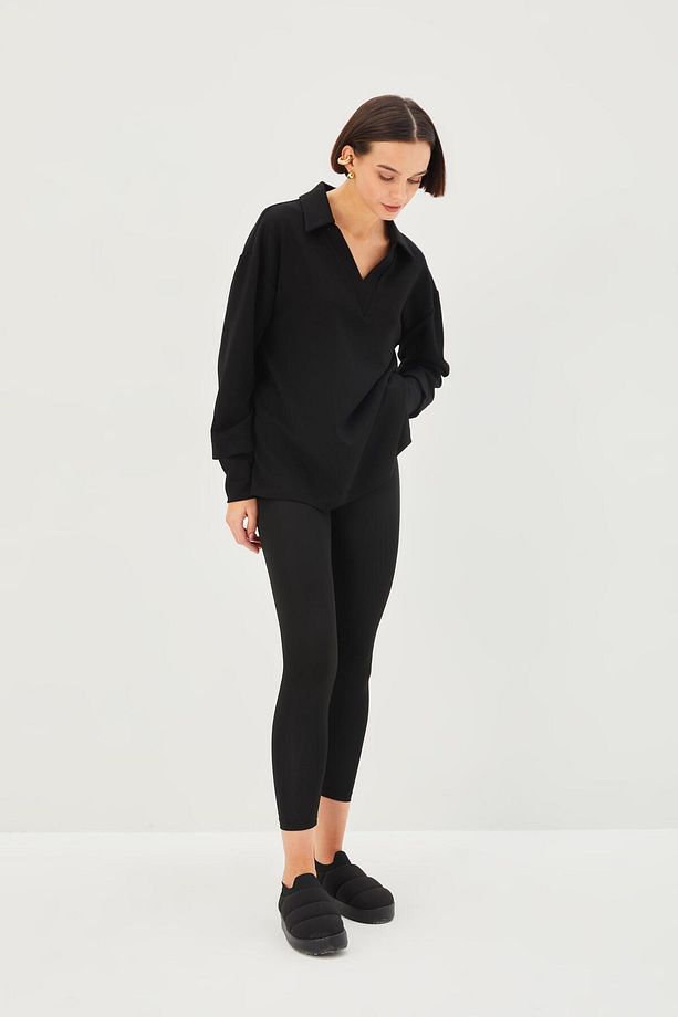 V Yaka Düşük Kol Regular Örme Sweatshirt - 7