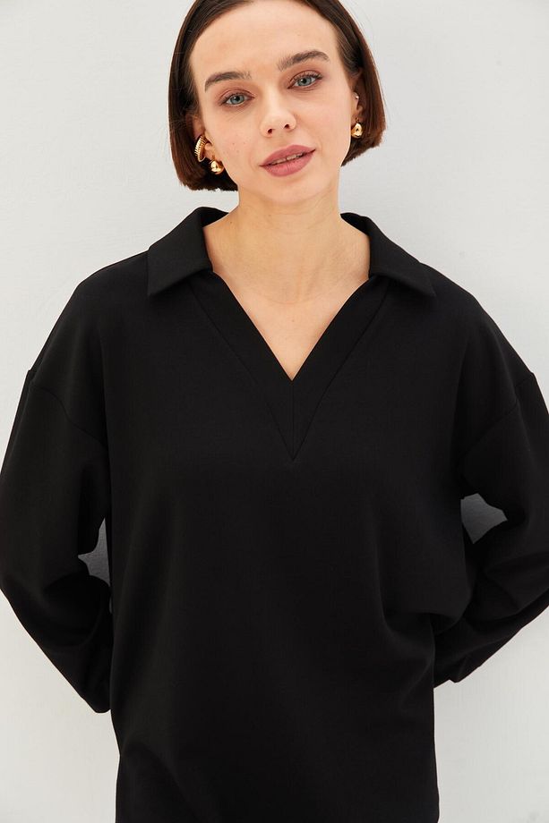 V Yaka Düşük Kol Regular Örme Sweatshirt - 4