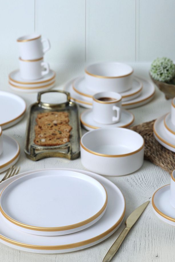 Mat Beyaz Gold Fileli Stackable Yemek / Kahvaltı Takımı 20 Parça 4 Kişilik - 6