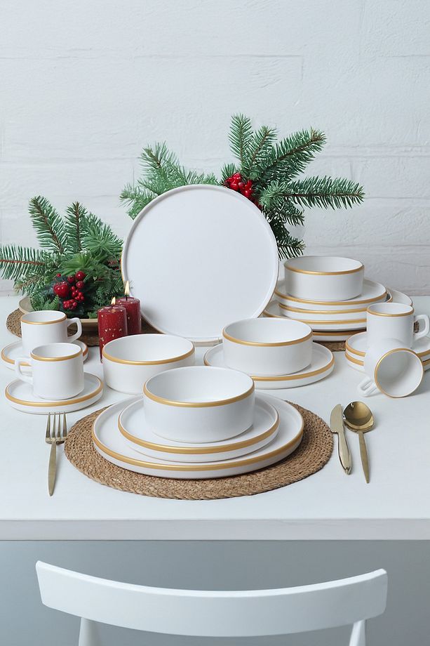 Mat Beyaz Gold Fileli Stackable Yemek / Kahvaltı Takımı 20 Parça 4 Kişilik - 1