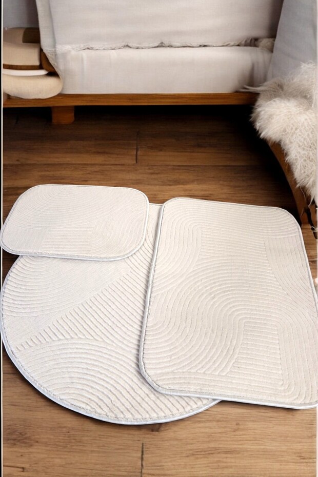 Joy Anti-Slip Base Cutout Embossed Bathroom Mat Set Beige 3 Pieces 80X50 40X50 80X80
