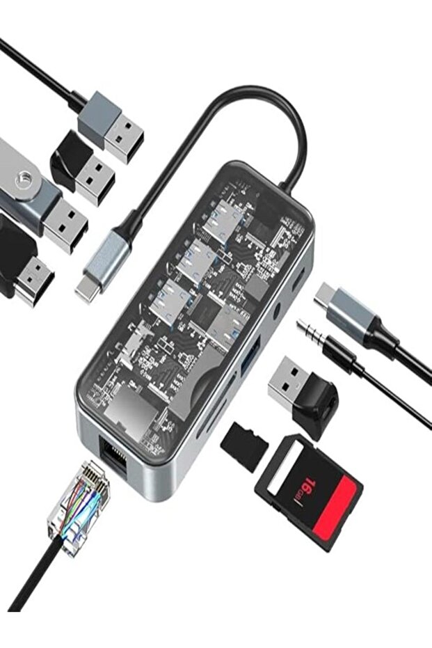 HC-87 Type-c to usb PD 100Watt RJ45 Ethernet USB Çoklayıcı Çevirici USB AUX Mikro Macbook Uyumlu - 1