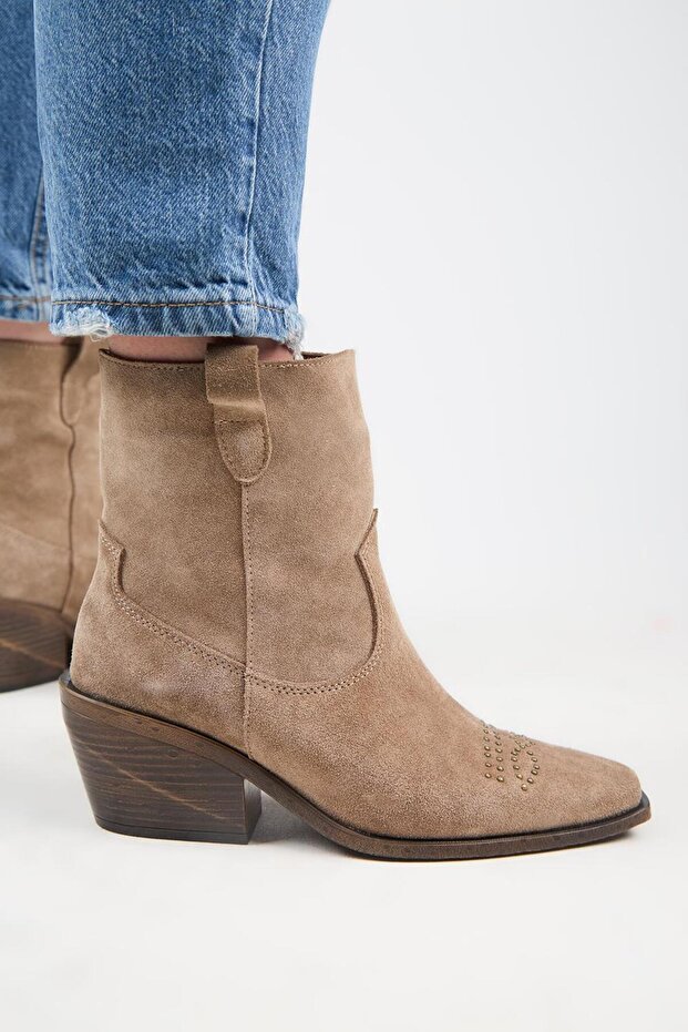 (Gona) Women's Genuine Leather Front Trock Cowboy Special Distressed Mink Boots