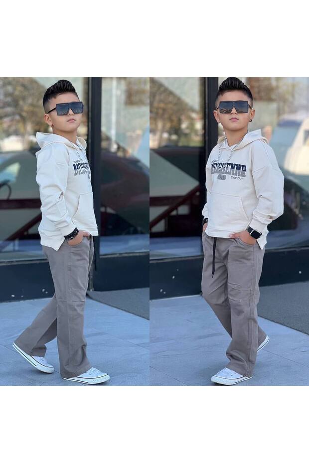Boy's Hooded Kangaroo Pocket Sweatshirt / Loose Fit Standard Leg Gabardine Trousers 2-Piece Set