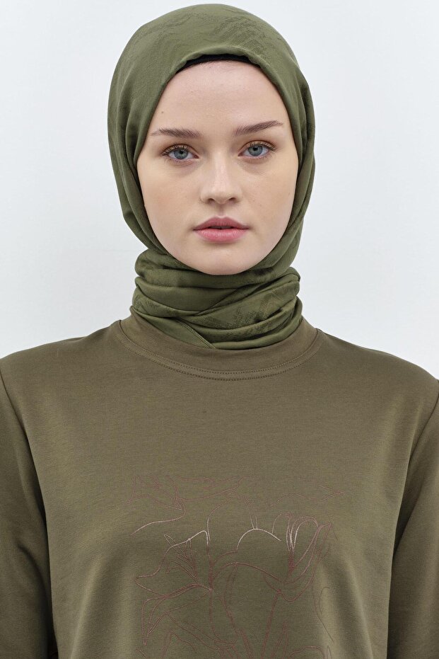 Baskı Desenli Örme Sweat - Haki - 4