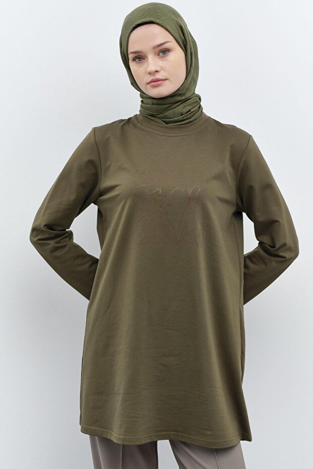 Baskı Desenli Örme Sweat - Haki - 2