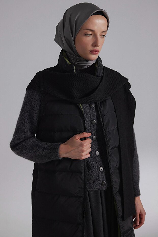 Kapüşonlu Kaz Tüyü Yelek - Siyah - Haki - 4