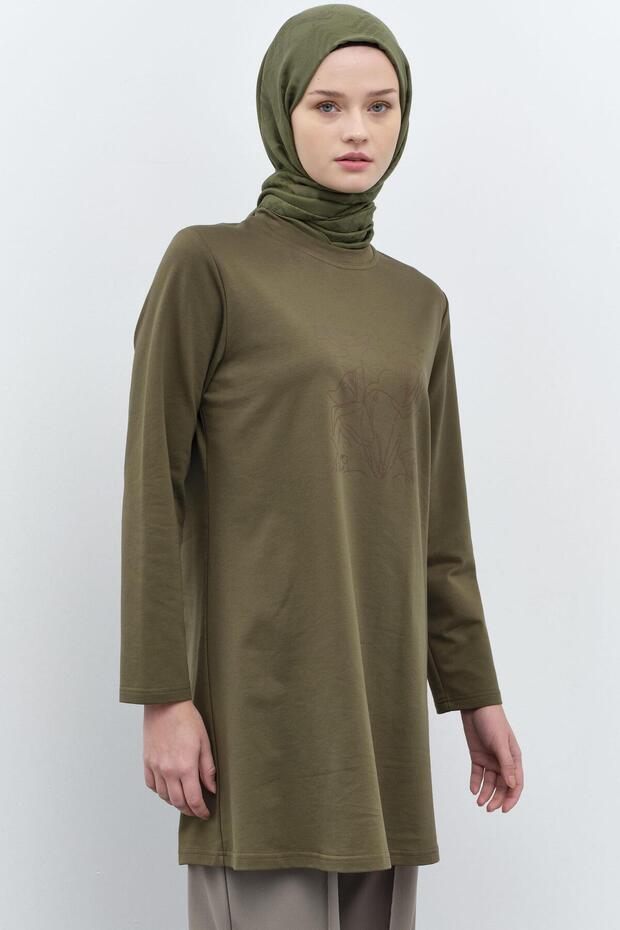 Baskı Desenli Örme Sweat - Haki - 1