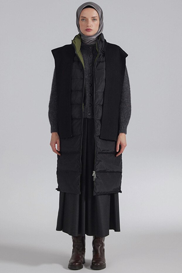 Kapüşonlu Kaz Tüyü Yelek - Siyah - Haki - 3