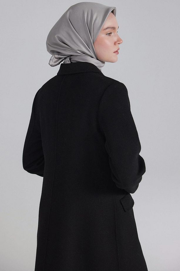 Kruvaze Düğmeli Kaban - Siyah - 7