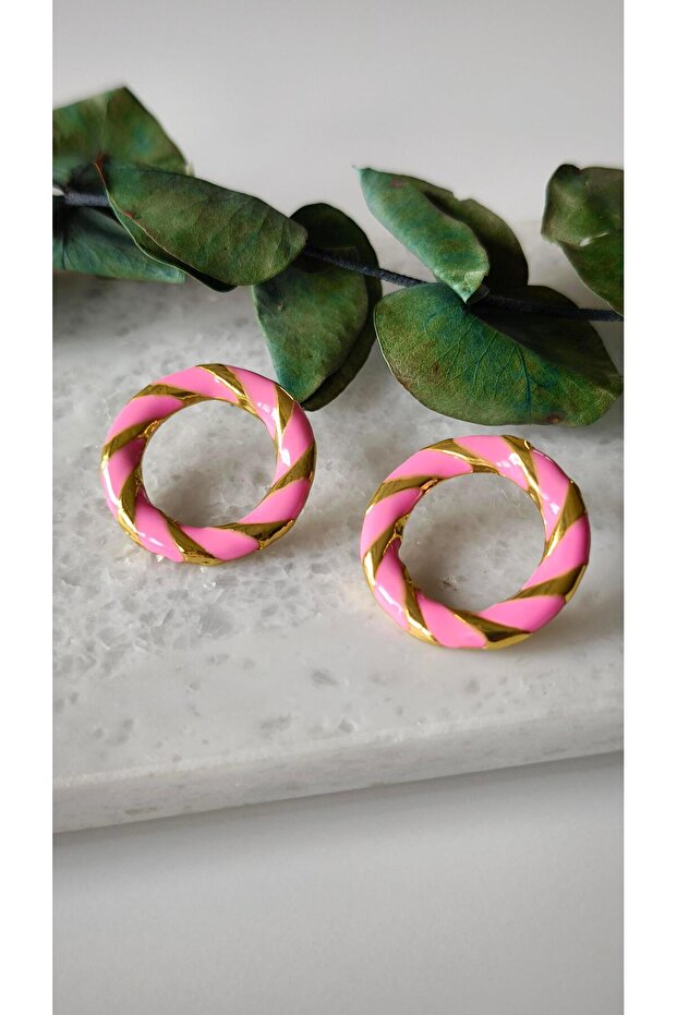 Enameled Round Gold Detailed Earrings