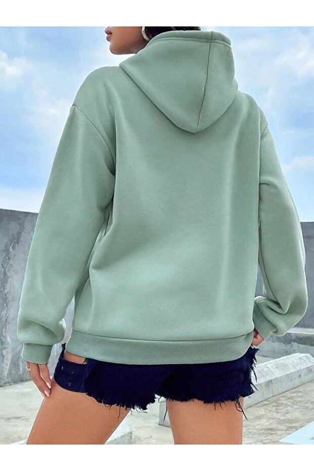 Kapüşonlu Basic Sweatshirt Mint Yeşili - 2
