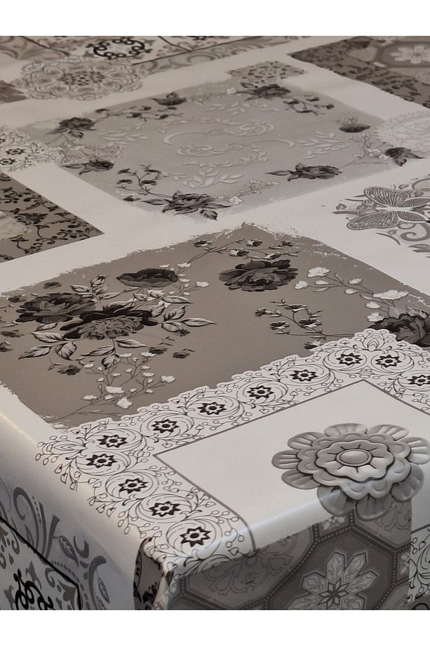 Elyaflı Pvc Muşamba - Desenli Silinebilir Masa Örtüsü ( GRİ ) - 6