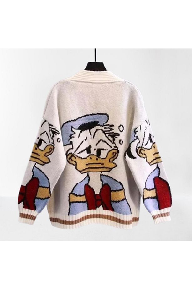 Donald Duck temalı v yakalı çoban düğmeli oversize hırka - 2