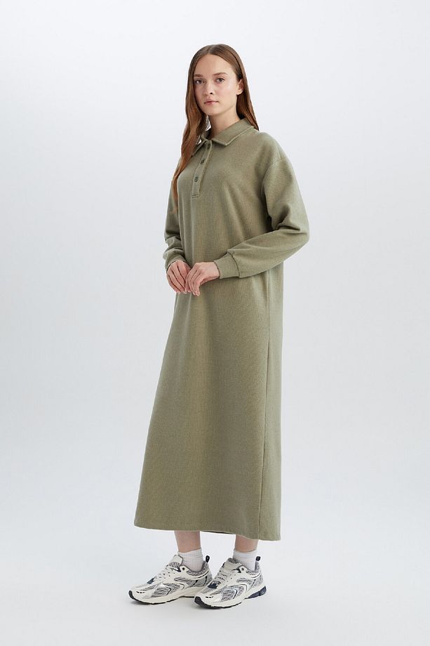 Basic Düz Düğmeli Uzun Kollu Selanik Kumaş Maxi Triko Elbise B7260AX24WN - 2