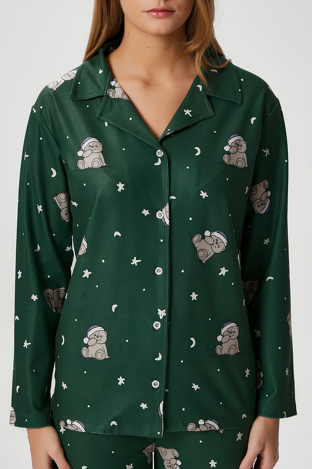 Kadın Nora Premium Yeşil Ayıcık Süet Doku Düğmeli Yılbaşı Pijama Takımı - 3