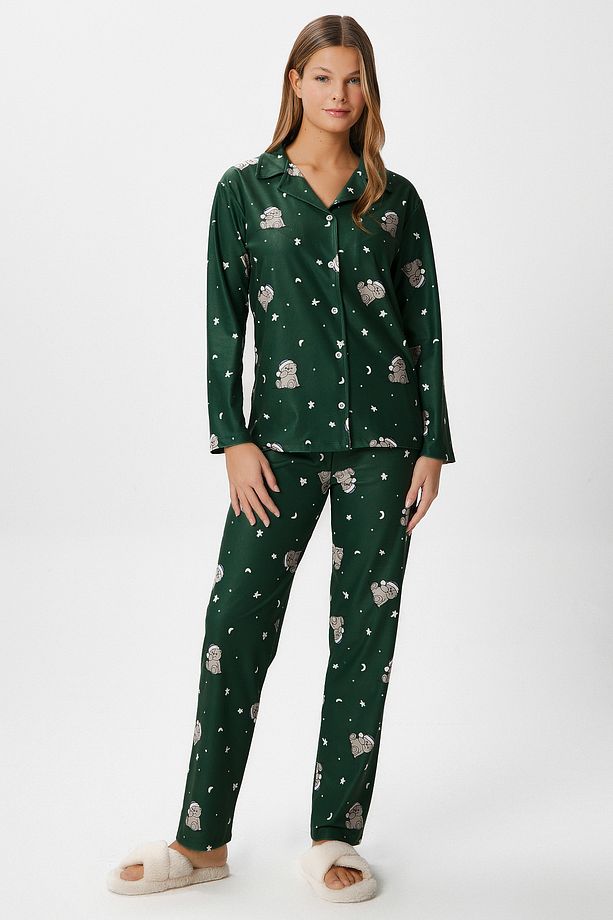 Kadın Nora Premium Yeşil Ayıcık Süet Doku Düğmeli Yılbaşı Pijama Takımı - 4