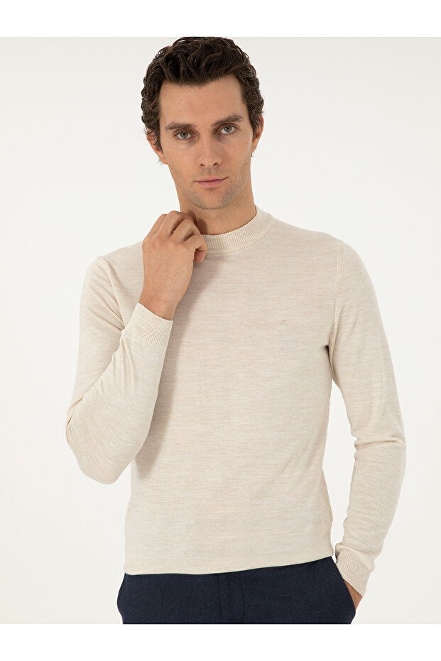 Bej Slim Fit Yün Karışımlı Çeyrek Balıkçı Yaka Basic Triko Kazak 50296402-VR011 - 3