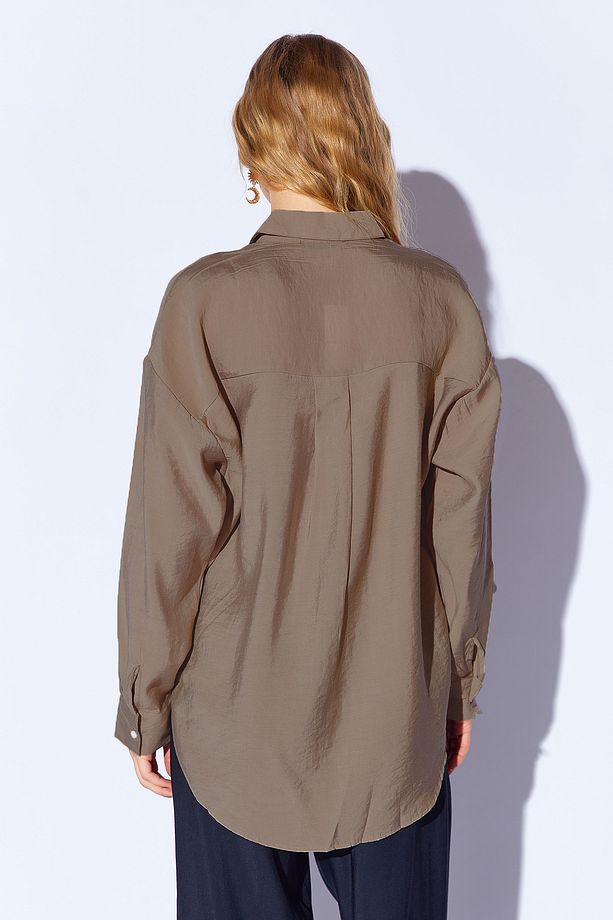 Kahve Modal Soft Dokulu Yumuşak Gizli Pat Detaylı Oversize Kadın Gömlek | Mks168262-01 - 4