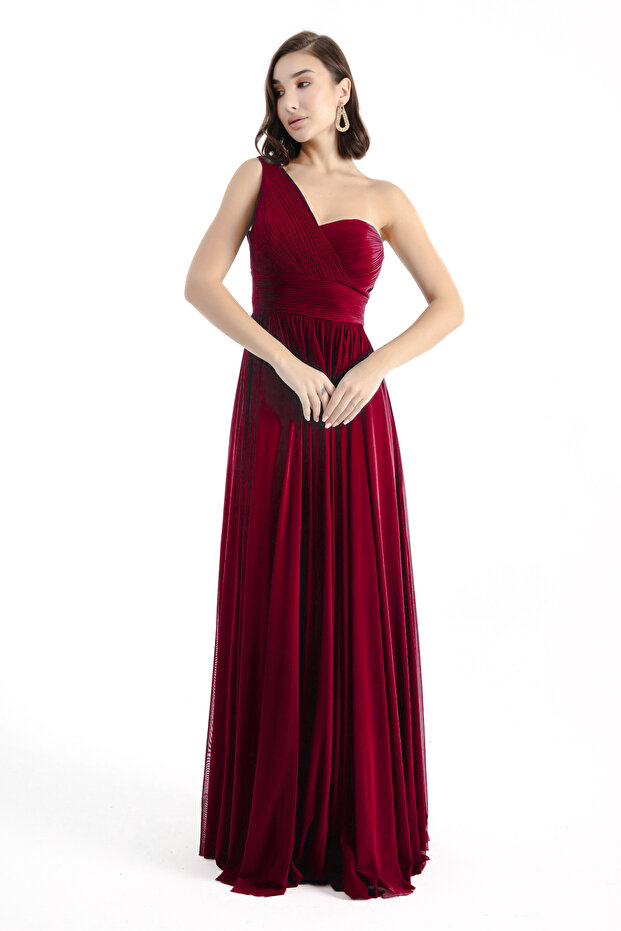 Rochie de seară lungă de damă bordeaux cu un umăr - 2