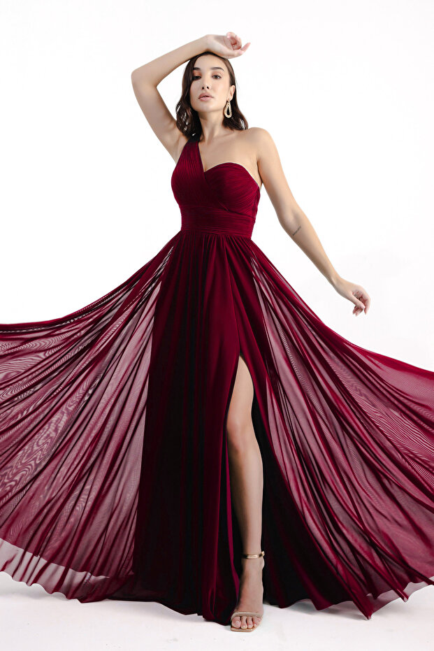 Rochie de seară lungă de damă bordeaux cu un umăr - 3