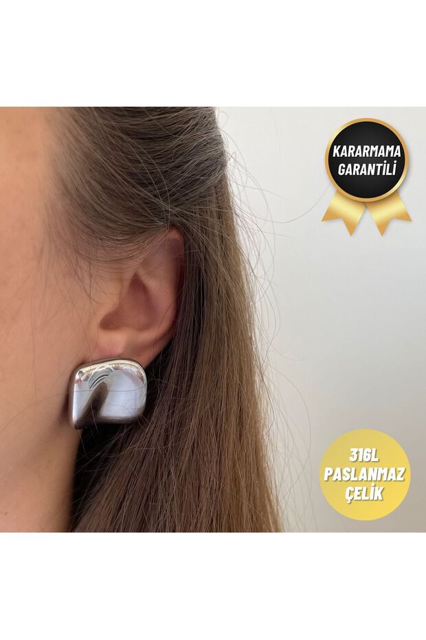 Silver Square Wavy Stud Earring - 1