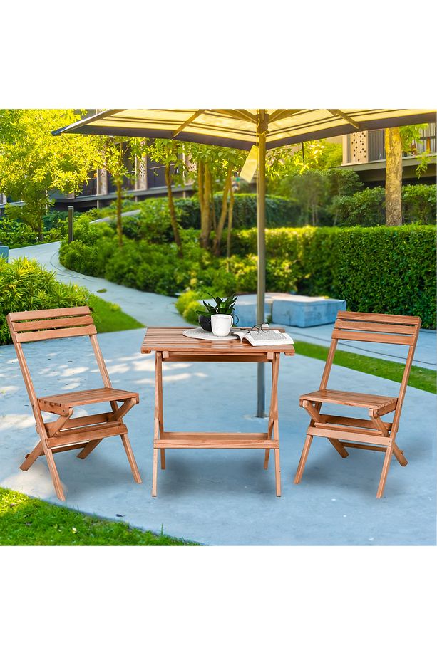 AHŞAP KATLANIR PUF MİNDERLİ 3 lü BİSTRO SET BAHÇE TAKIMI (NATUREL) - 1