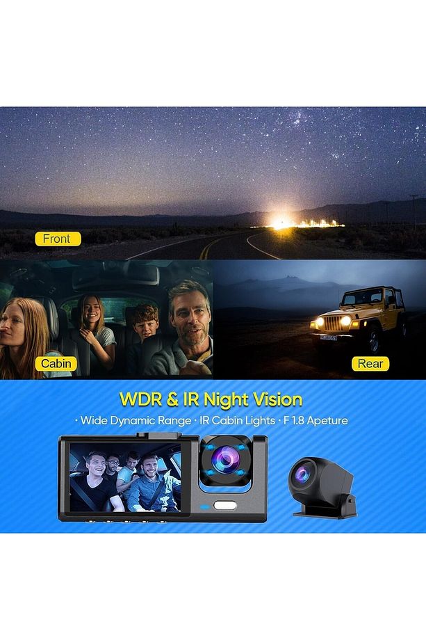 3 Kanallı Araç Kamerası, 1080P Dashcam Ön, Arka ve İç Kamera, Gece Görüşlü - 3