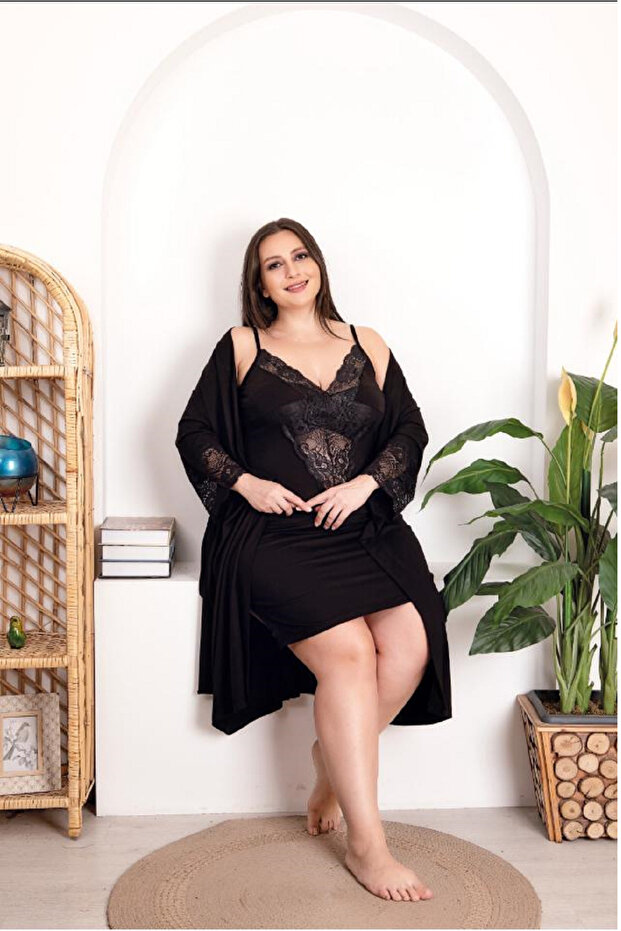 Women's Plus Size Curve Lycra Combed Cotton 2-Piece Dressing Gown Nightwear Set