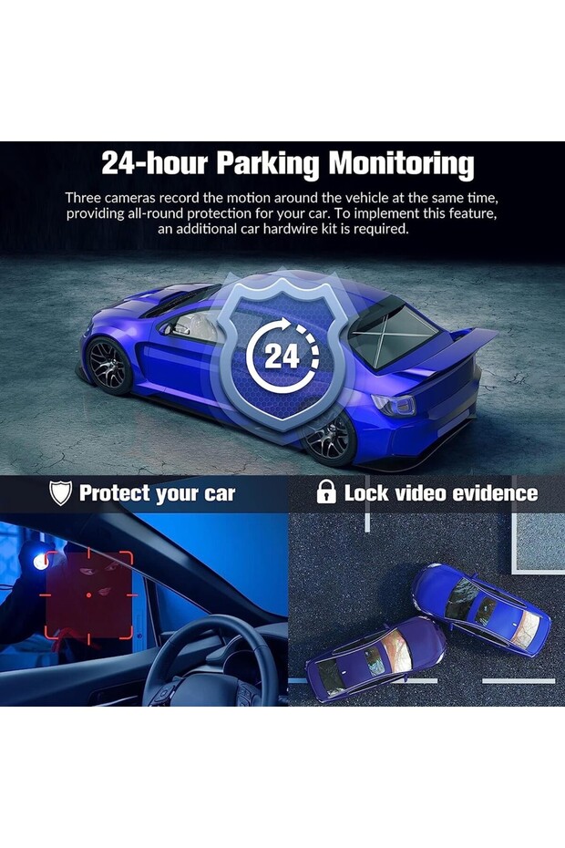 3 Kanallı Araç Kamerası, 1080P Dashcam Ön, Arka ve İç Kamera, Gece Görüşlü - 2