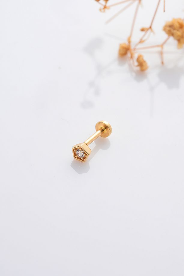 14 Ayar Altın Tragus Küpe Geometrik Tektaş Vidalı - 3