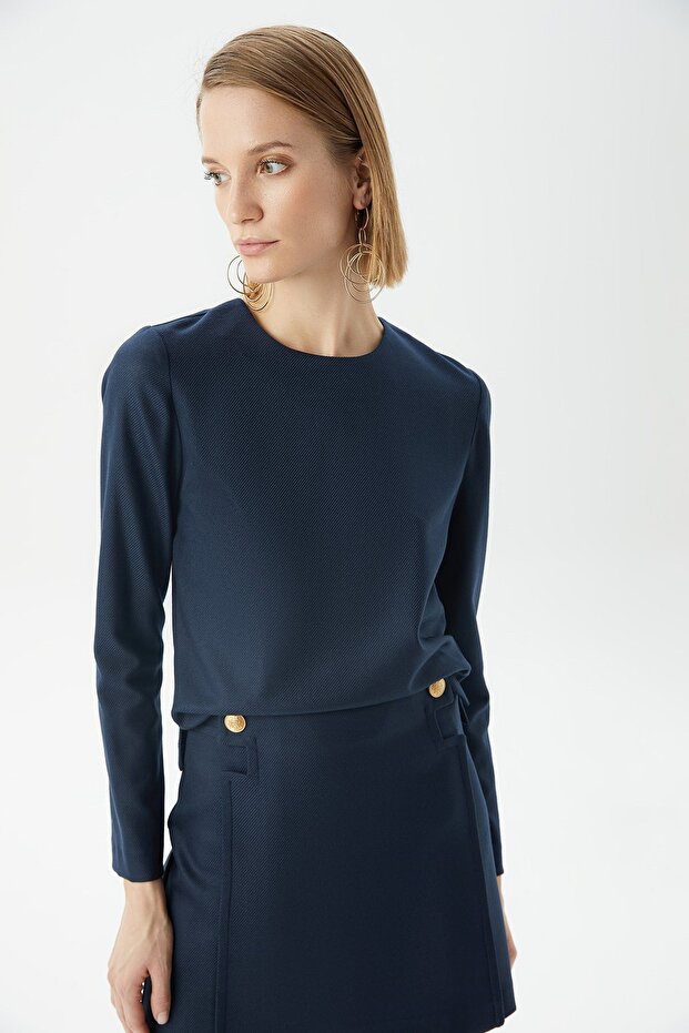 Uzun Kollu Lacivert Basic Bluz - 4