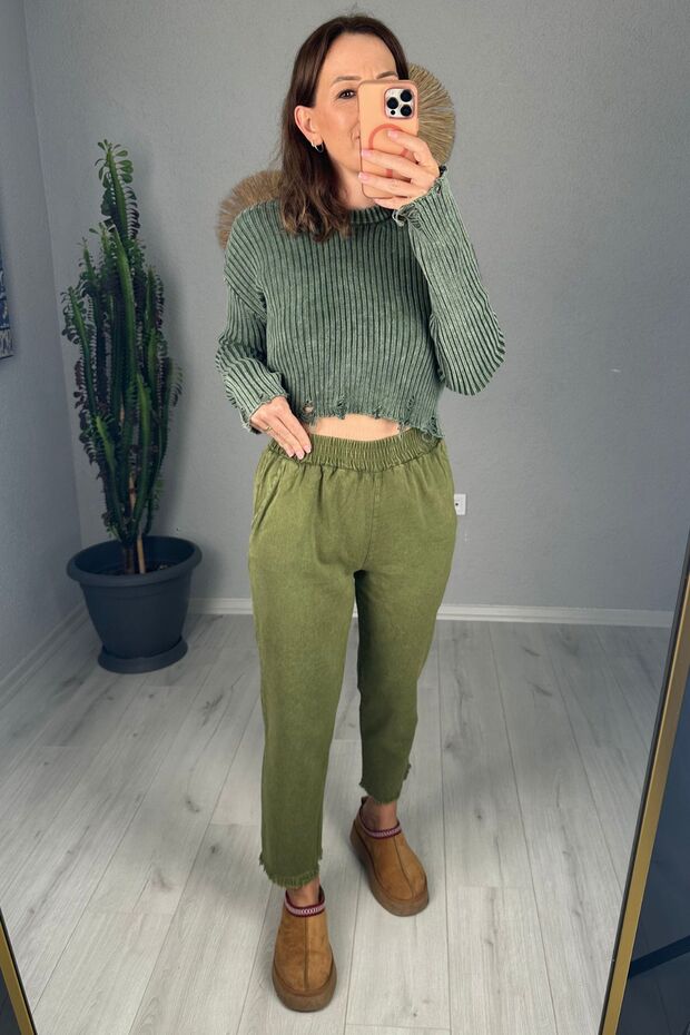 Women's Tasseled Washable Gabardine Trousers Khaki