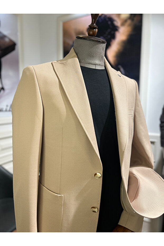 Slim Fit Gümülcine Krem Örme Torba Cep Ceket - 2