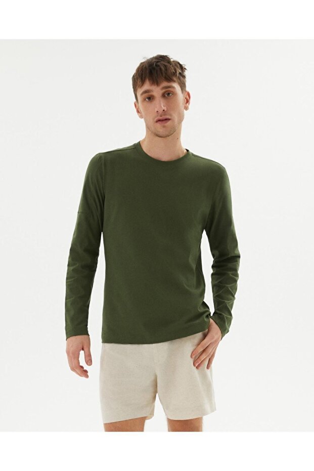 Khaki Organic Cotton Crew Neck Long Sleeve T-shirt