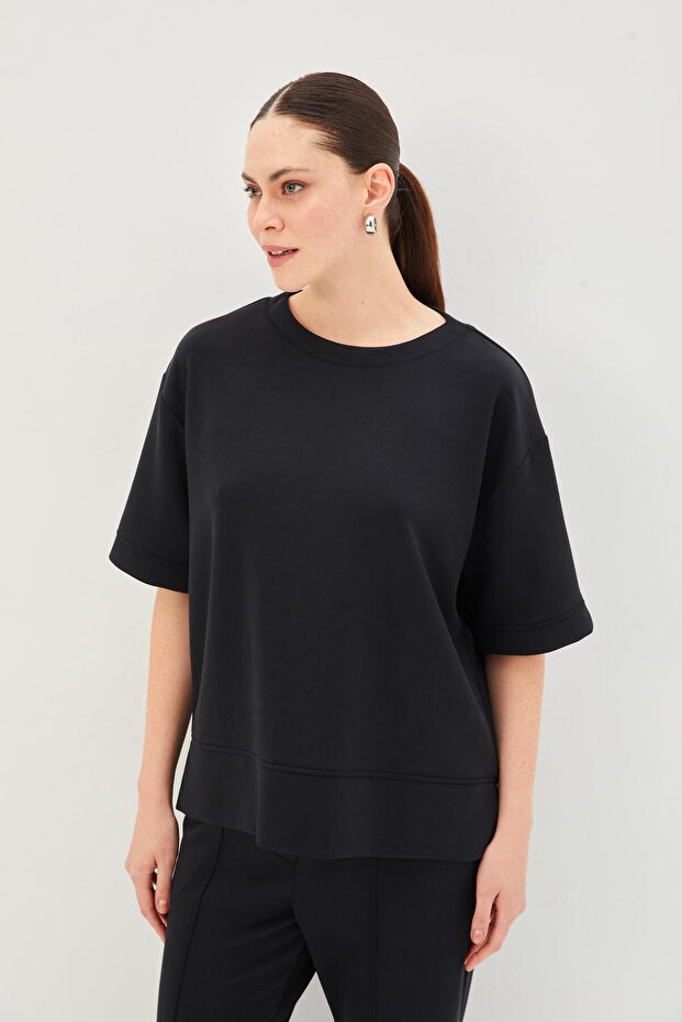 Düz Kesim Oversize Örme Tişört - 1