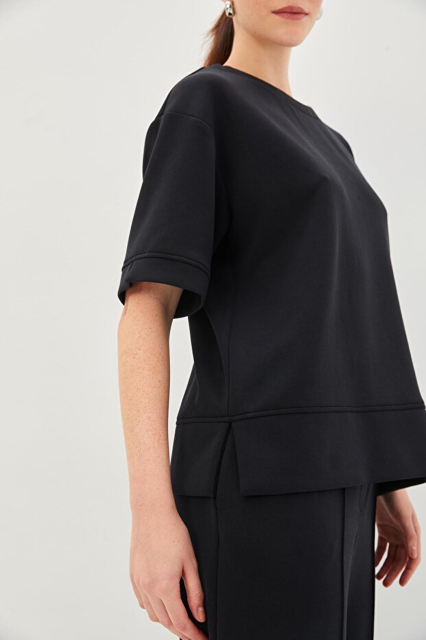 Düz Kesim Oversize Örme Tişört - 2