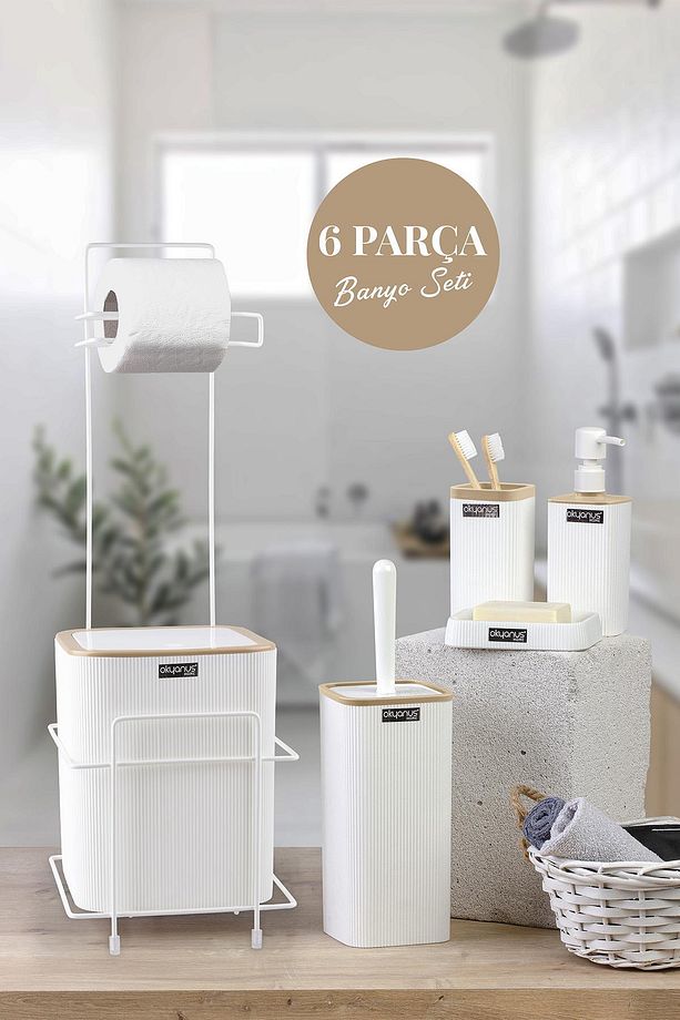 Beyaz Kare Mina Due Standlı Wc Kağıtlık Ve 6 Parça Banyo Seti - 1
