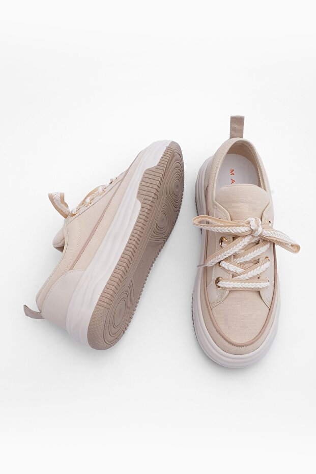 Damen Sneakers mit hoher Sohle aus Leinenstoff, Schnürschuhe, Sportschuhe, Hesna, Beige - 7