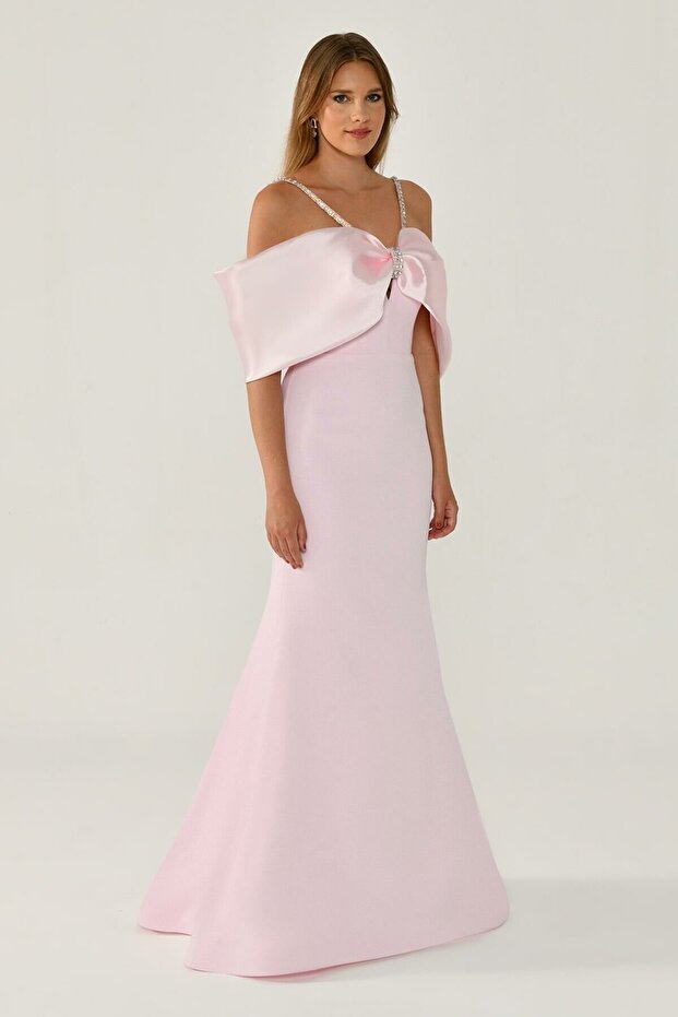 Taşlı İp Askılı Düşük Omuz Krep Uzun Elbise - 3