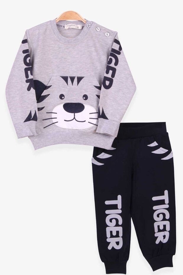 Boy's Tracksuit Set with Tiger Embroidery, Age 1-4, Gray Melange