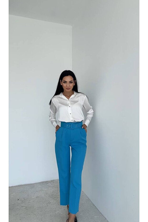 Skinny Leg Classic Belted Fabric Trousers